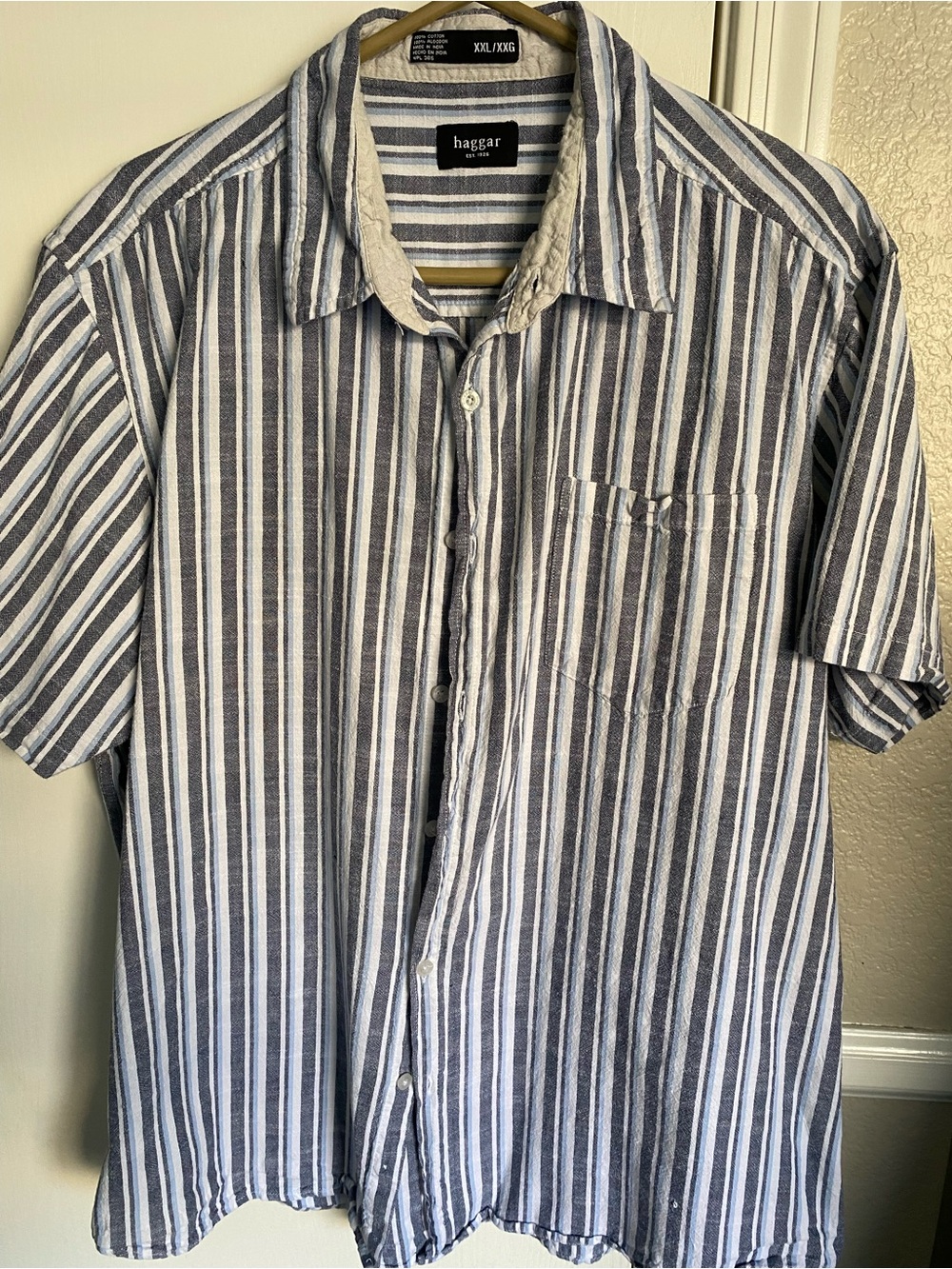 Haggar Blue Grey Textured Multi Stripe Short Sleeve Button Down Shirt Men’s XXL